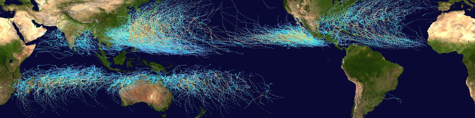 Cette carte montre les traces de tous les cyclones tropicaux qui se sont formés entre 1985 et 2005. Les points montrent l'emplacement des cyclones à des intervalles de six heures, et leur couleur indique leur intensité sur l'échelle de Saffir-Simpson.© NASA Cette carte montre les traces de tous les cyclones tropicaux qui se sont formés entre 1985 et 2005. Les points montrent l'emplacement des cyclones à des intervalles de six heures, et leur couleur indique leur intensité sur l'échelle de Saffir-Simpson © NASA
