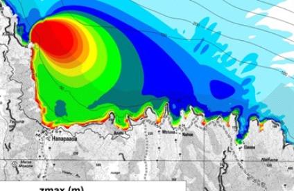Modélisation de l'amplitude d'un tsunami déclenché par un éboulement de falaise aux Marquises. (c) BRGM