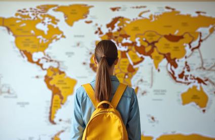 Young woman looking at world map with backpack. Planning study abroad, travel, work, adventure. Concept of international education, global mobility. Consider work education, travel opportunities.