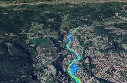 Vue de réalité Virtuelle – Jumeau Numérique le Teil avec simulation de crue du Frayol