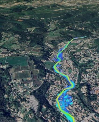 Vue de réalité Virtuelle – Jumeau Numérique le Teil avec simulation de crue du Frayol