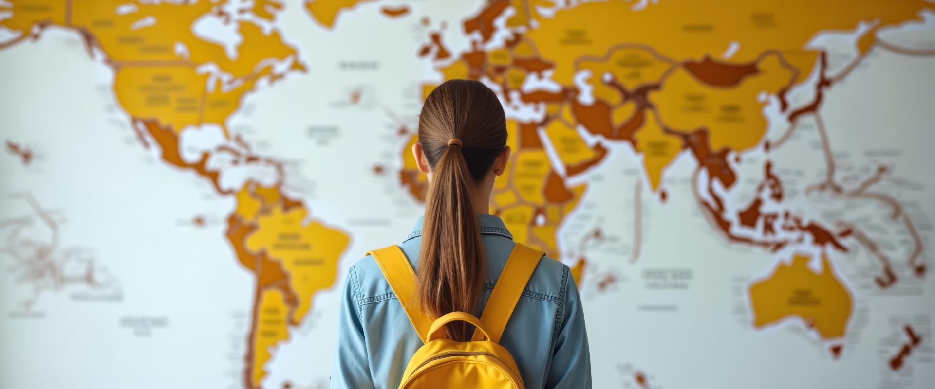 Young woman looking at world map with backpack. Planning study abroad, travel, work, adventure. Concept of international education, global mobility. Consider work education, travel opportunities.