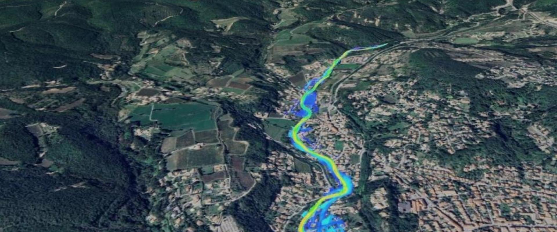 Vue de réalité Virtuelle – Jumeau Numérique le Teil avec simulation de crue du Frayol