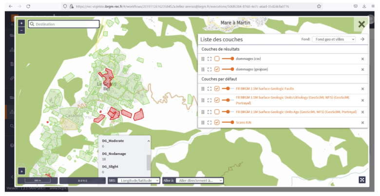 Visualization through the User Web portal of VIGIRISKS of the damage results for mapping deformation of slow landslides in La Reunion