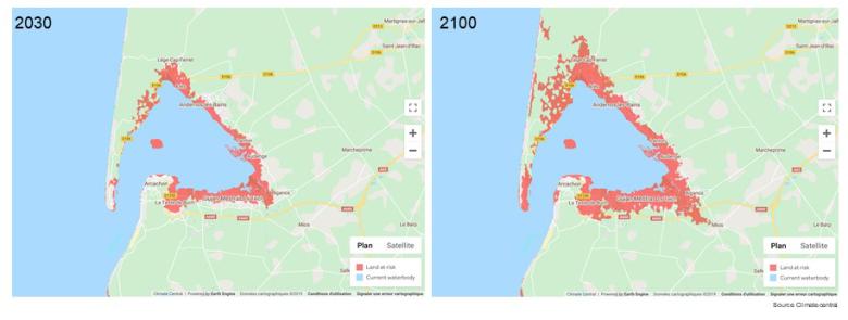 Projections en 2030 et 2100 de terres immergées dans le bassin d’Arcachon en raison de la remontée du niveau marin