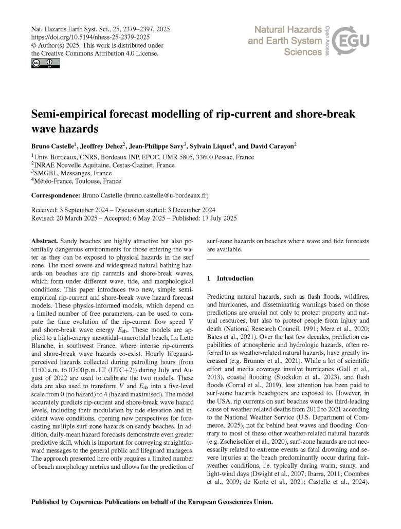 Semi-empirical forecast modelling of rip-current and shore-break wave hazards