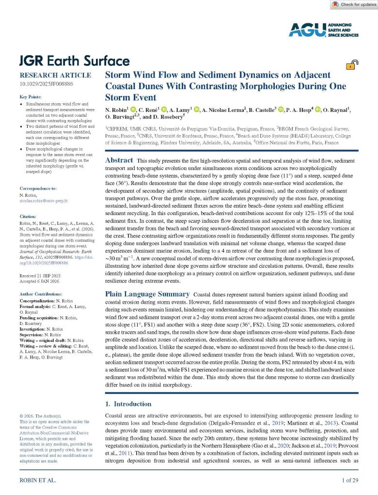 Storm Wind Flow and Sediment Dynamics on Adjacent Coastal Dunes With Contrasting Morphologies During One Storm Event